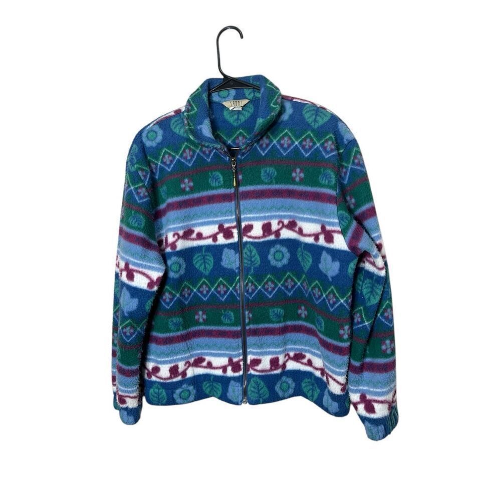 Vintage Teddi 90s Plant‎ Print Zip Up Fleece Jacket Size Large Petite